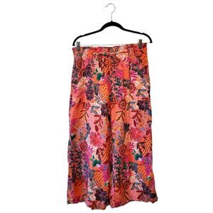 Loft Women's Pink Orange Floral Boho Wide Leg Linen Pants Size M